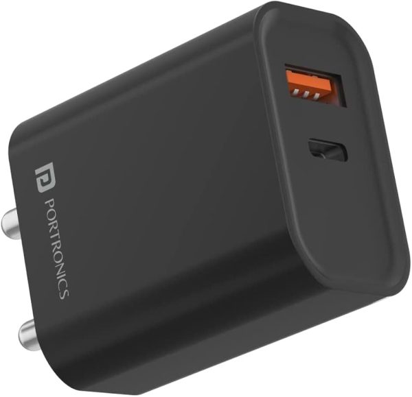 Portronics Adapto 45 GaN 22.5W Fast Charger, USB & Type-C Dual Port Wall Adapter, PD 3.0 Fast Charging Adaptor for iPhone,