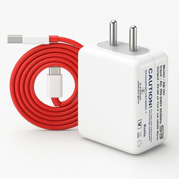 SB 80W Fast Charger with USB to Type C Cable | 7.3A Mobile Charger Adapter | Compatible with SuperVOOC, VOOC, Warp, Dash &
