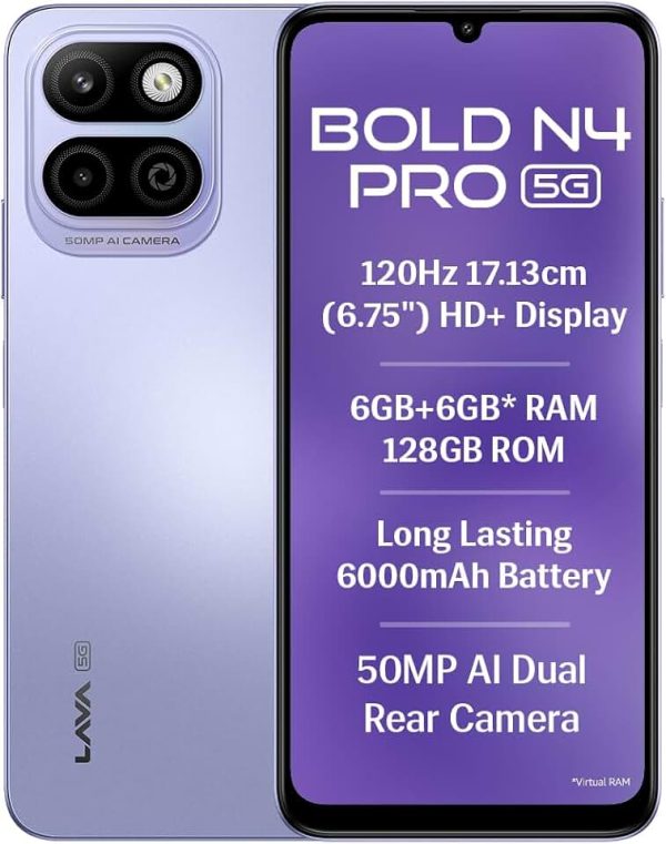 Lava Bold N4 Pro 5G (Opulent Lilac, 6GB RAM, 128GB Storage) | 50MP AI Rear Camera | 6000mAh Battery with 18W Fast Charge |
