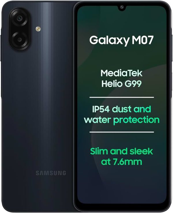 Samsung Galaxy M07 Mobile (Black, 4GB RAM, 64GB Storage) | MediaTek Helio G99 | AnTuTu 624K | IP54| 50MP Camera | 7.6mm Sl