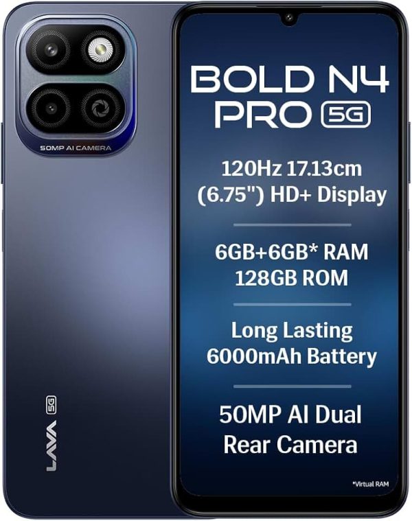 Lava Bold N4 Pro 5G (Monaco Blue, 6GB RAM, 128GB Storage) | 50MP AI Rear Camera | 6000mAh Battery with 18W Fast Charge | 5