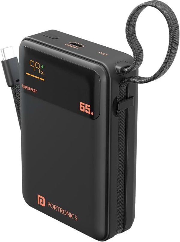 Portronics 65W Ignis 65 20000mAh Fast Charging Powerbank with in-Built Type C Cable for Android Smartphones, iPhones, ipad