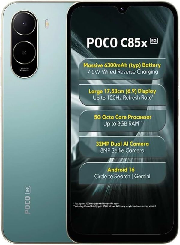 POCO C85X 5G Smartphone, Emerald Green, 4GB RAM, 64GB Storage