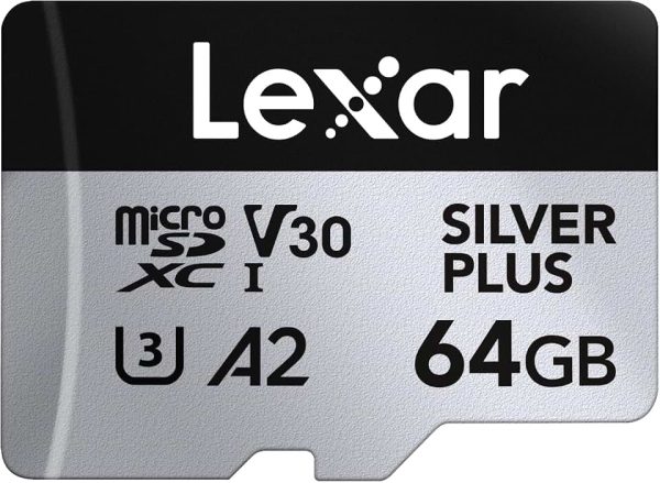 Lexar 64GB Professional Silver Plus Micro SD Card with Adapter, UHS-I, C10, U3, V30, Full HD & 4K, 205MB/s