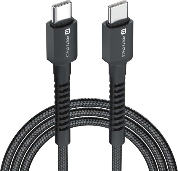 Portronics Konnect X 60W Type C to Type C Unbreakable Nylon Braided Cable, 1M Fast Charging Cable for iPhone 15 series, iP