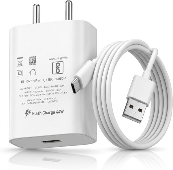 Vivo 44W Flash Charge Fast Charger Adapter with Type-C Cable | Rapid Charging Compatible for Vivo T5x, T5 Pro, V70 FE,Y05,