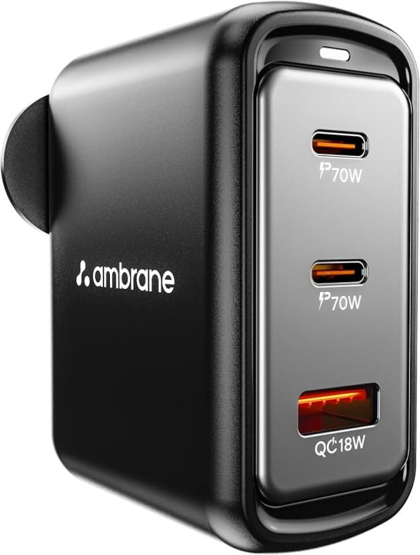 Ambrane 70W Fast Charging Adapter Gan Charger,3 Ports (2 Type C & 1 USB),BIS Certified,for iPhone 16/15/14